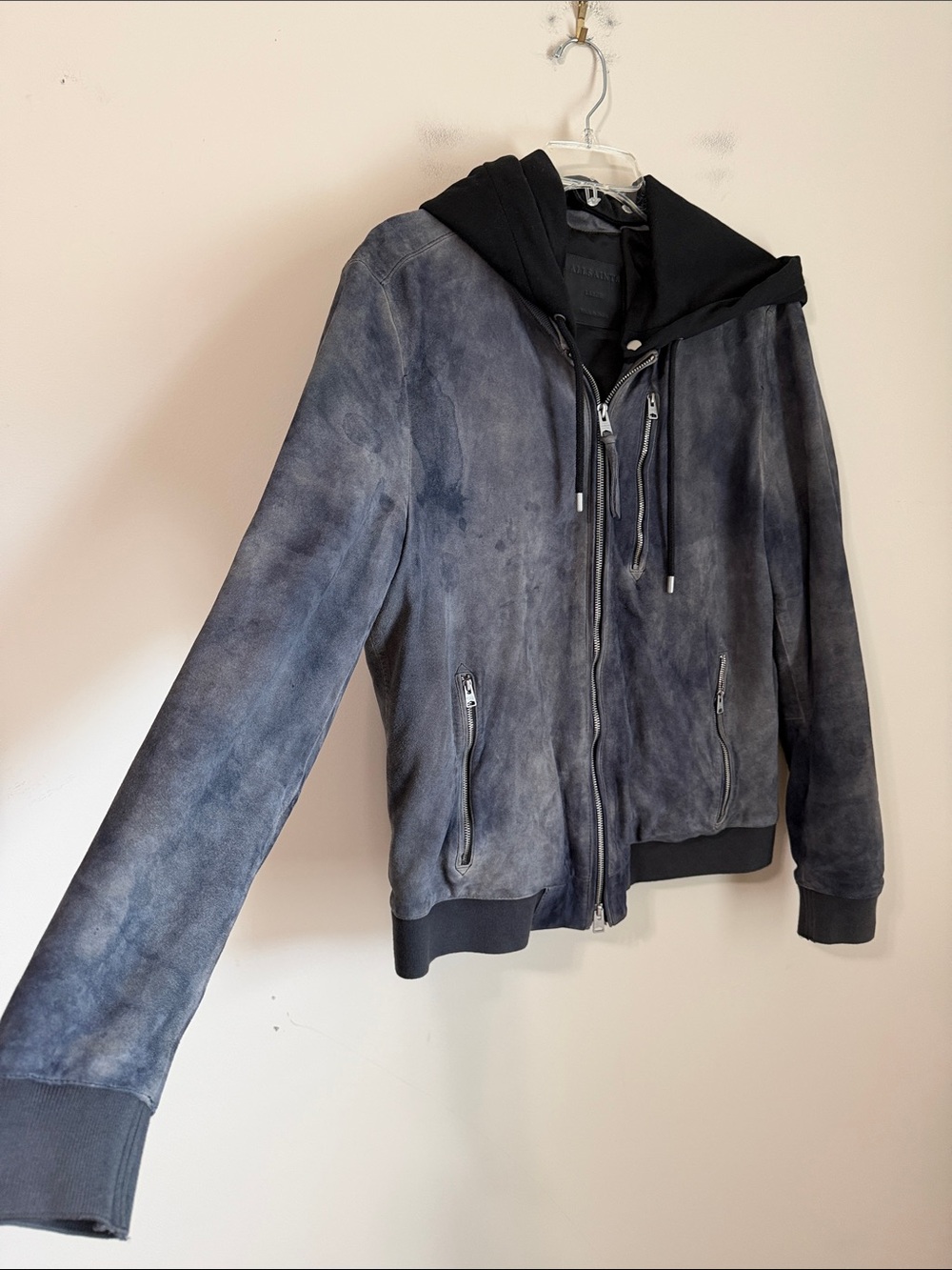 AllSaints Suede Goat Leather Bomber Jacket Hooded Size Large - Picture 4 of 10